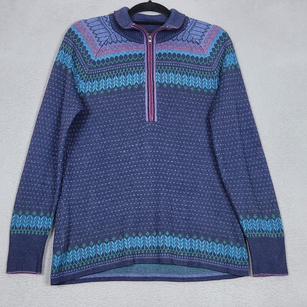 Eddie Bauer Sweater Womens Large Blue Fair Isle 1/4 Zip Mock Neck Pullover